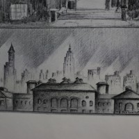 1929 sketch of school with city