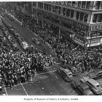 Crowds at Fourth and Pike on V-J Day, Seattle, August 14, 1945